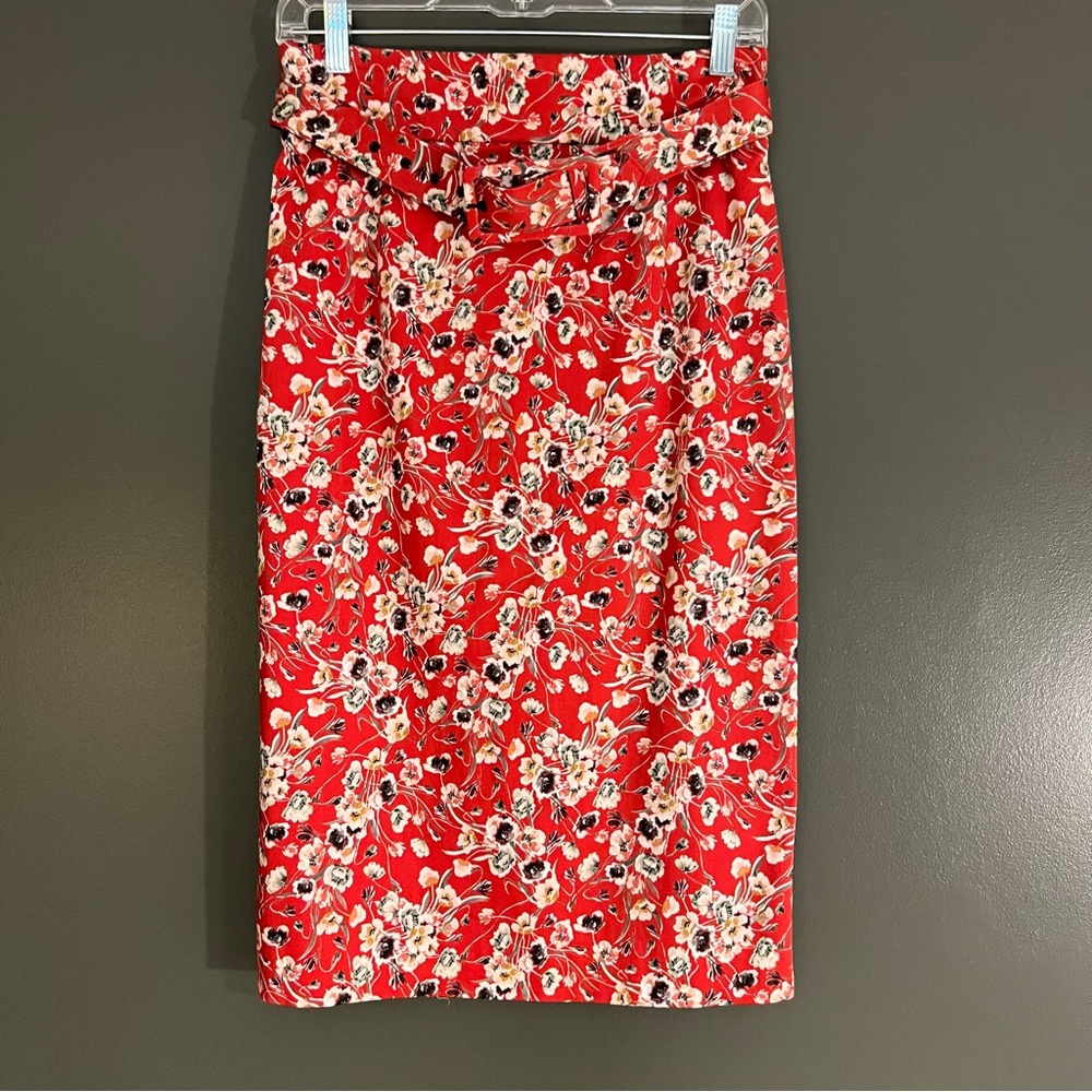 Antonio Melani high waisted and belted red multi pencil skirt